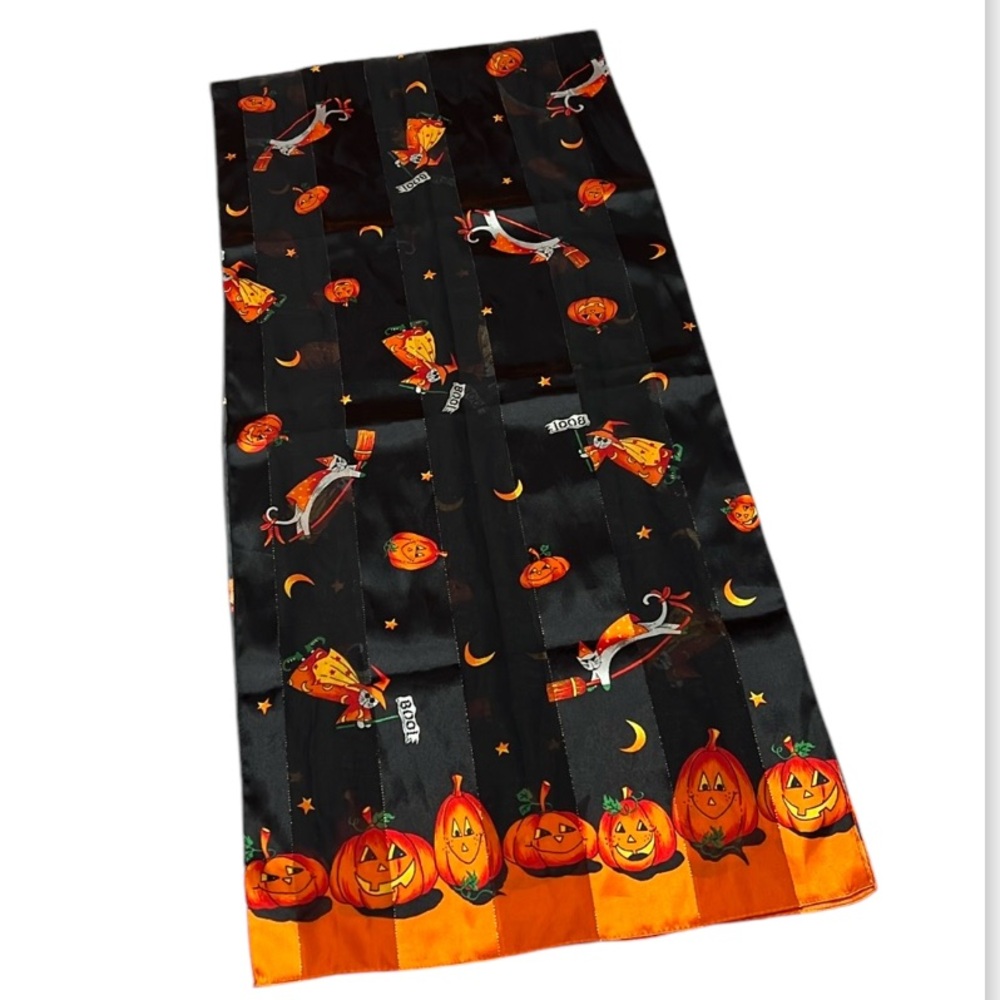 Vintage 90’s Cejon Semi Sheer Striped Halloween Witch Cats & Pumpkins Scarf